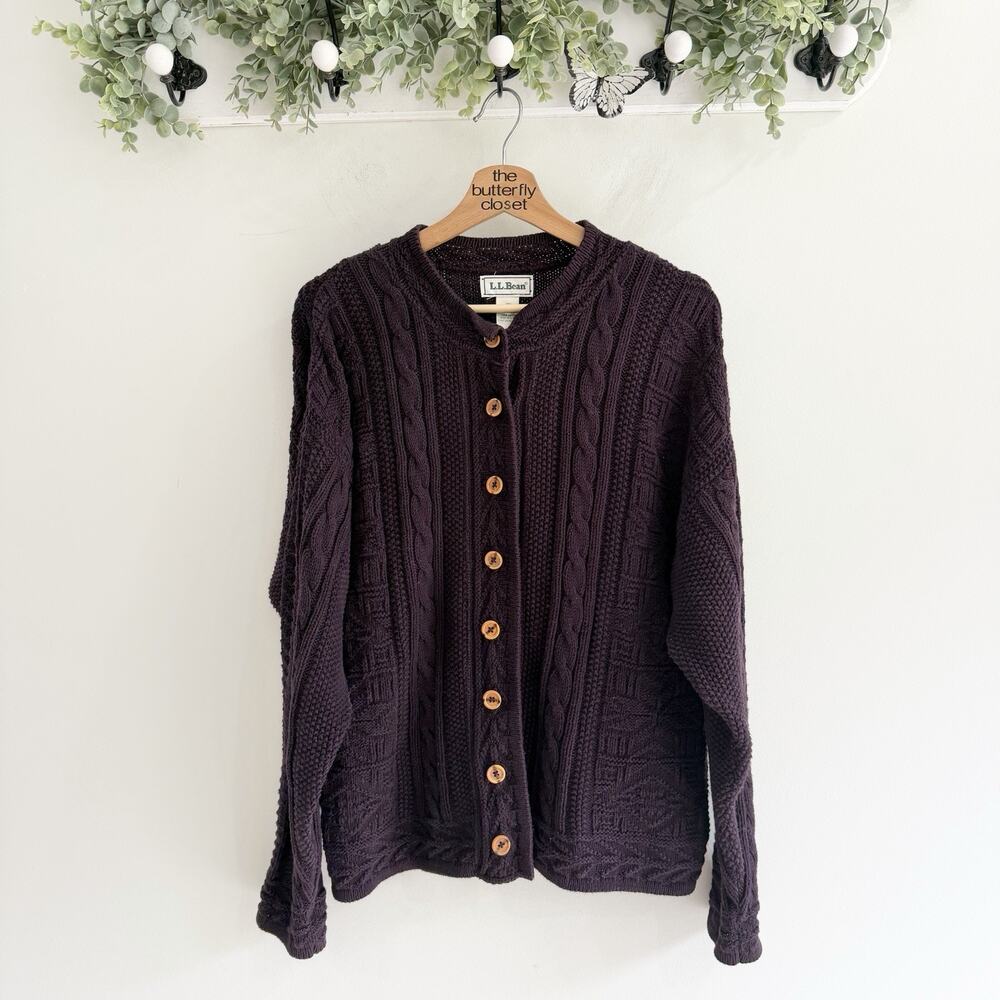 Women’s Vintage LL Bean Purple Cable Knit Button Down Sweater Large Cotton CP